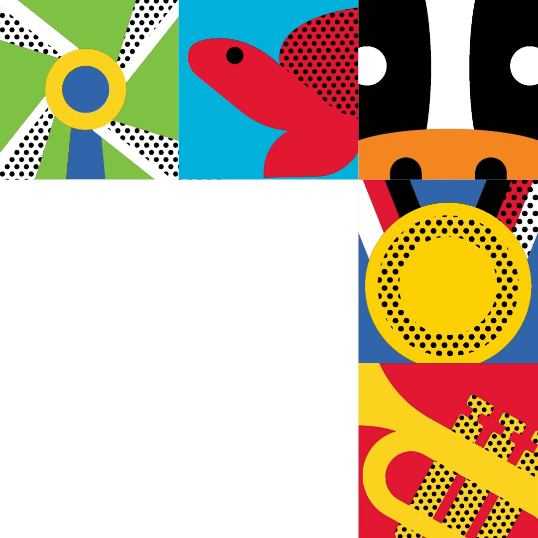 Pop-art grid with windmill, turtle, cow, medal, and trumpet illustrations in bold colors, forming a T-shape with a blank white center.

MD Day Save the date