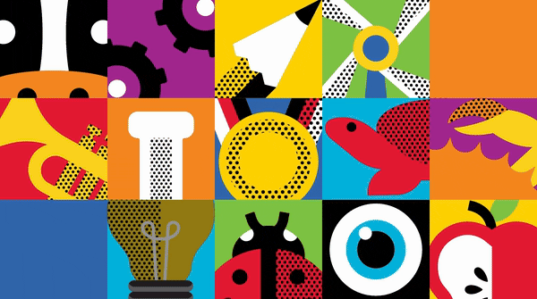 A colorful pop-art style grid illustration made of bright geometric tiles featuring playful abstract objects and shapes, including part of a cow’s face, gears, a pinwheel, a trumpet, a salt shaker, a yellow plate, a red fish, a bird wing, a light bulb, a ladybug, an eye, and an apple. The design uses bold primary colors like red, yellow, blue, orange, green, black, and white with dotted comic-style textures.